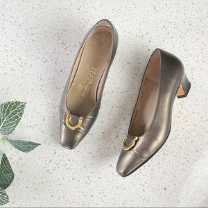 Salvatore Ferragamo Kitten Heel Pumps Champagne Gold Bit Women's Size 5 B